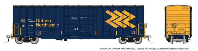 Trenton Works 5277 Cubic Foot Boxcar  6-Pack - Ready to Run -- Ontario Northland Set #1 (blue, yellow, Chevron Logo)-1