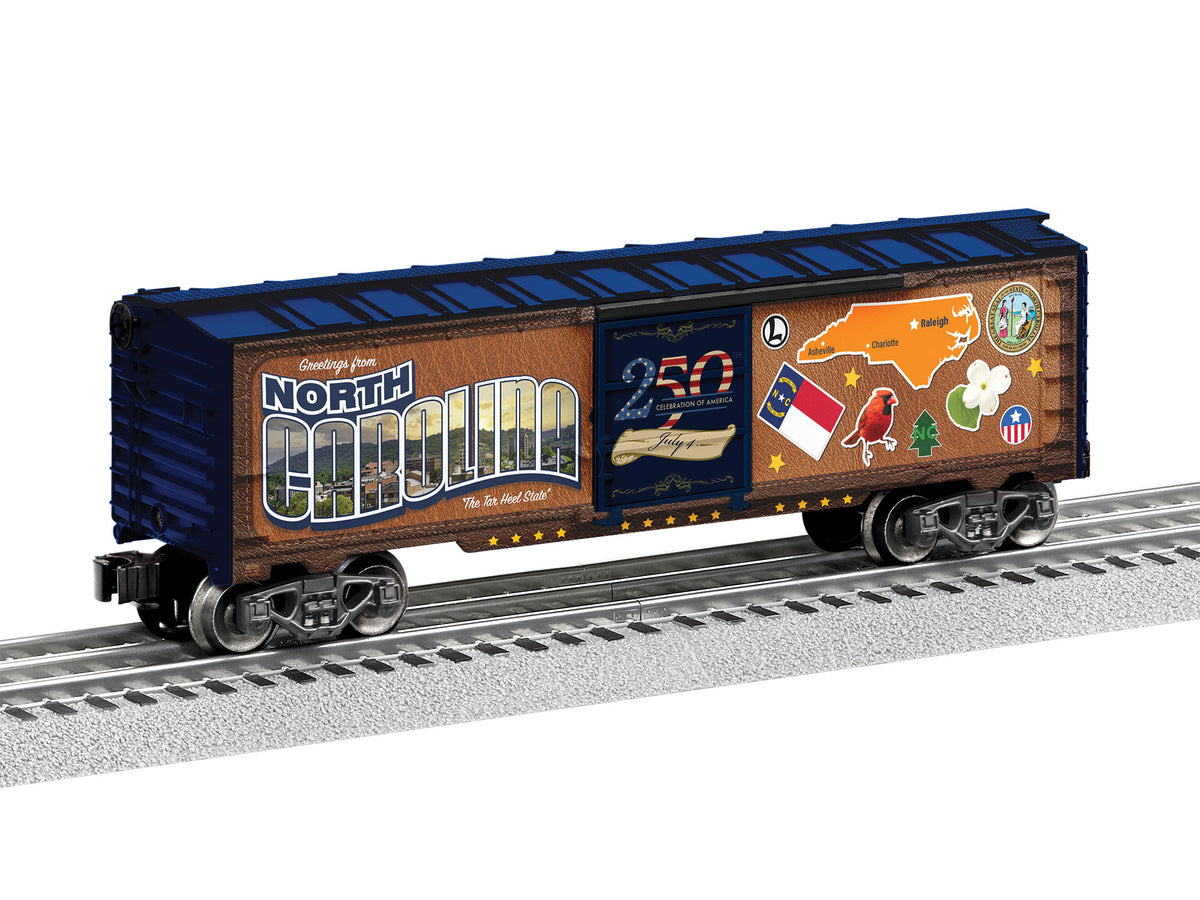Steel Boxcar - 3-Rail - Ready to Run -- North Carolina (50 States Series, brown, blue, Color Graphics)-1