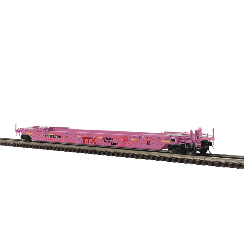 53' Rebuilt Well Car - 3-Rail - Ready to Run - Premier -- TTX #654811 (On Track For A Cure Scheme, pink)-1