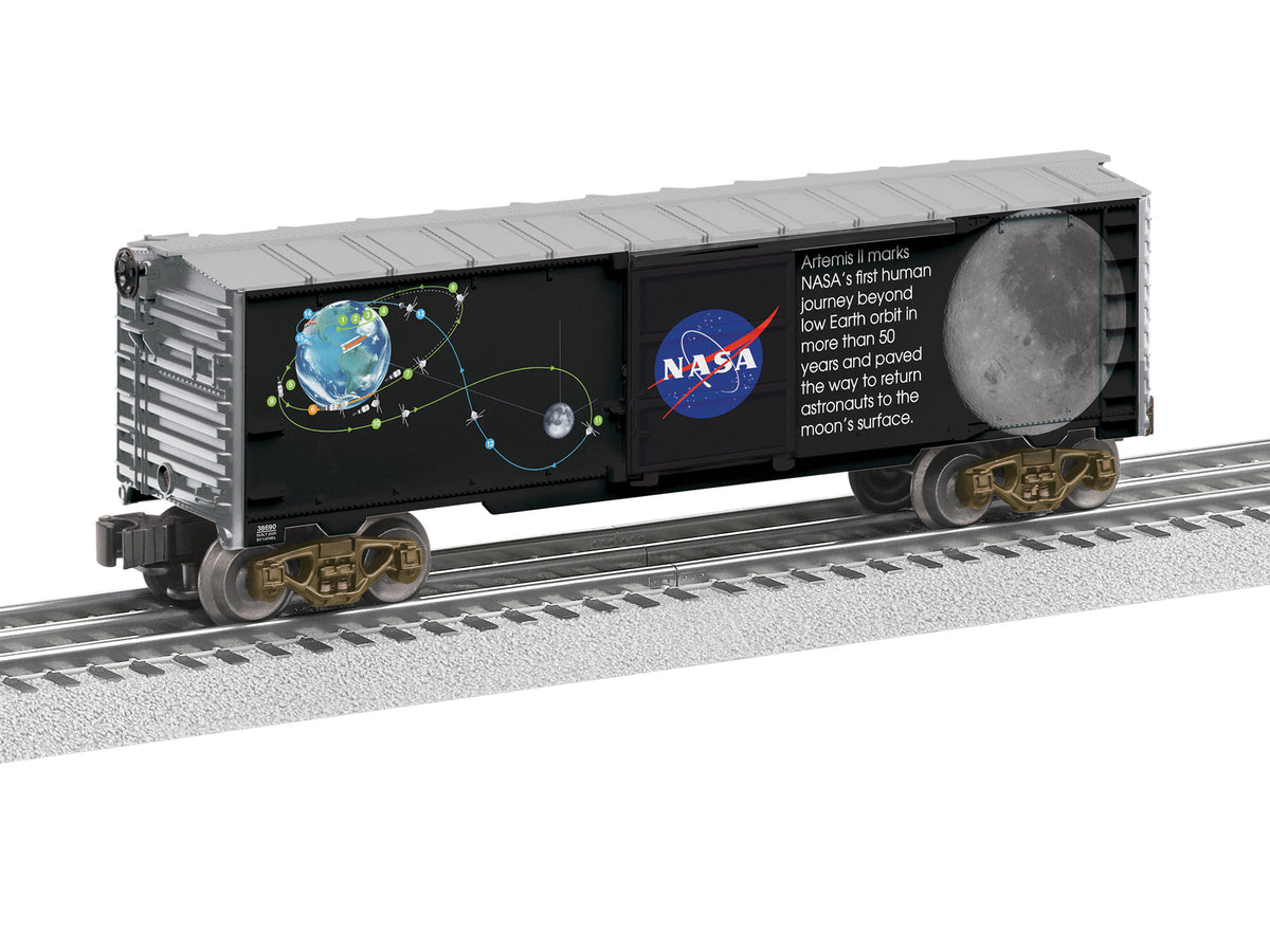 Steel Boxcar - 3-Rail - Ready to Run -- NASA Artemis II (black, gray, Multicolor Graphics)-1