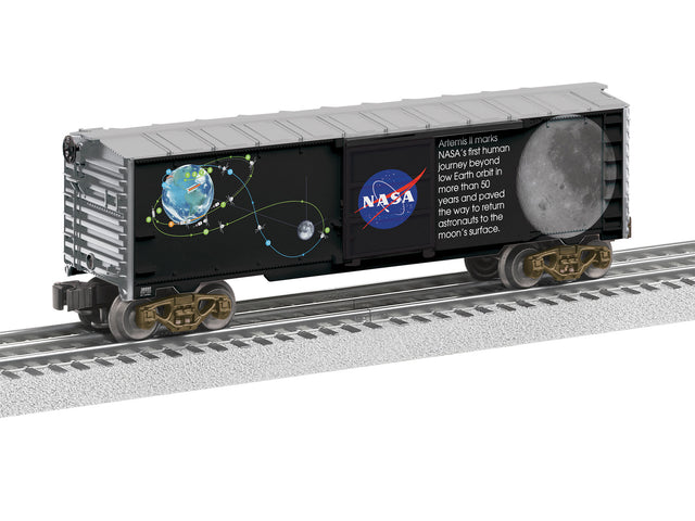 Steel Boxcar - 3-Rail - Ready to Run -- NASA Artemis II (black, gray, Multicolor Graphics)-1