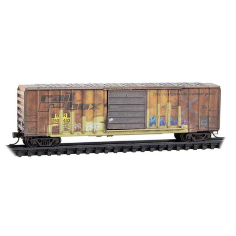 50' Rib-Side Single-Door Boxcar No Roofwalk - Ready to Run -- Burlington Northern #250463 (Ex-Railbox, Weathered, yellow, black, graffiti)-1