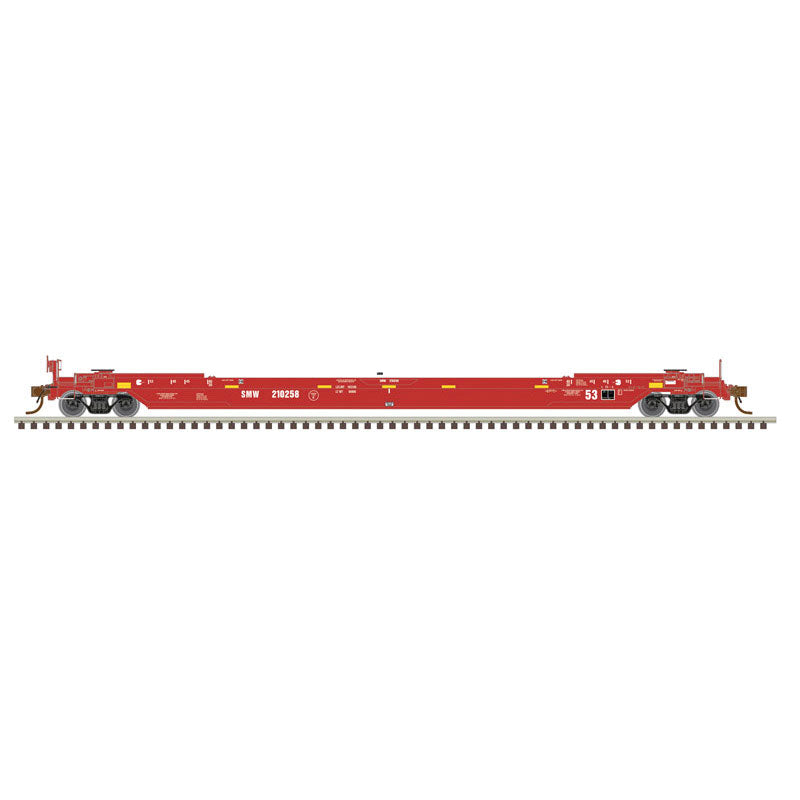 53' Rebuilt Well Car - 3-Rail - Ready to Run - Premier -- St. Marys Railway West (red, yellow conspicuity marks)-1