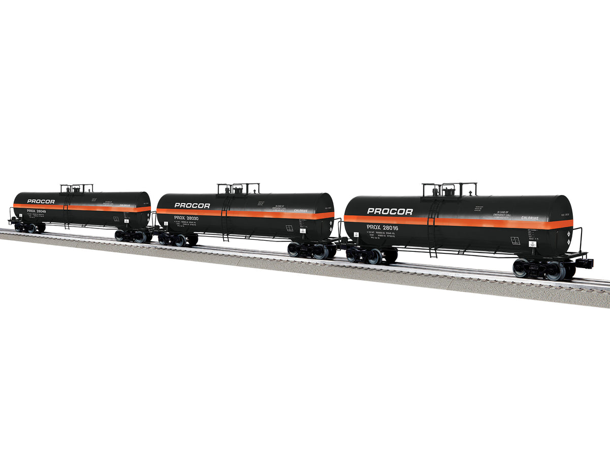 50' Tank Car 3-Pack - 3-Rail - Ready to Run -- Procor PROX #28016, 28030, 28049 (black, orange)-1