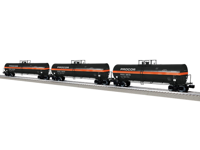 50' Tank Car 3-Pack - 3-Rail - Ready to Run -- Procor PROX #28016, 28030, 28049 (black, orange)-1