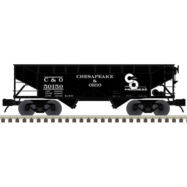 Offset-Side 2-Bay Hopper - 3-Rail - Ready to Run - Premier(R) -- Chesapeake & Ohio (black, white, Progress Logo)-1