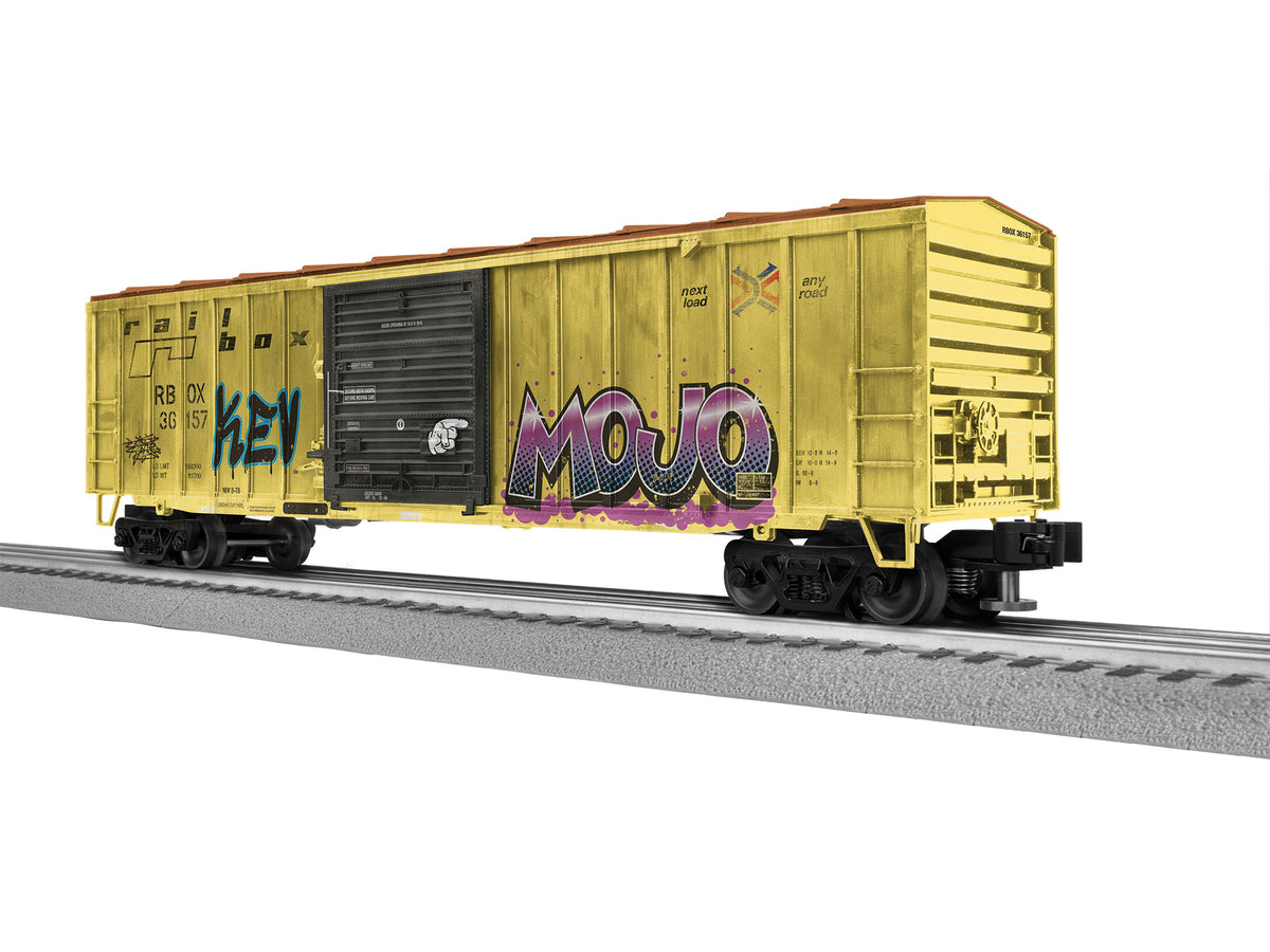 ACF 50' Boxcar - 3-Rail - Ready to Run -- Railbox #36157 (Weathered, yellow, black, graffiti)-2