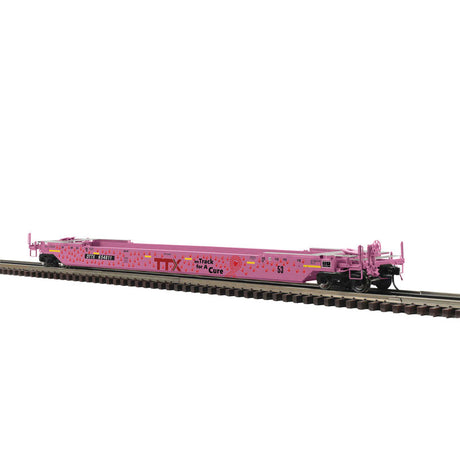 53' Rebuilt Well Car - 3-Rail - Ready to Run - Premier -- TTX #654811 (On Track For A Cure Scheme, pink)-1