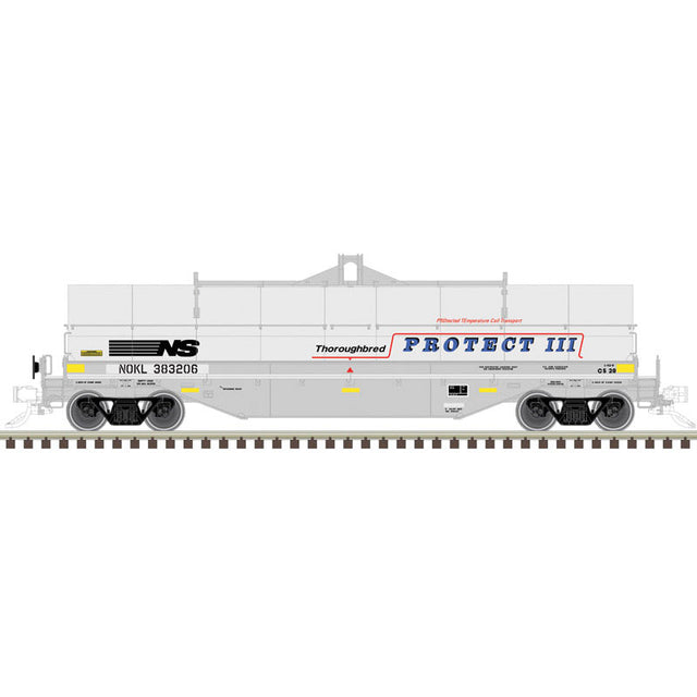 42' Coil Car w/Fishbelly Side Sill - 3-Rail - Ready to Run - Master(R) -- Northwestern Oklahoma NOKL  (gray, NS Protect II Hood)-1