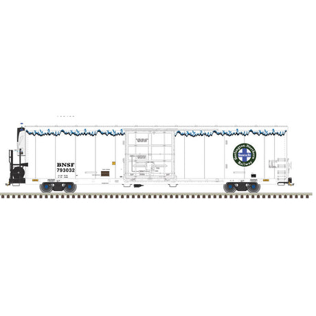 Trinity 64' Reefer - 3-Rail - Ready to Run - Master(R) -- BNSF Railway (white, blue, green, Circle/Cross Logo)-1