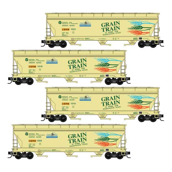 ACF 3-Bay Center Flow Covered Hopper w/Elongated Hatches 4-Pack - Ready to Run -- Columbia Basin Railroad CBRW #1018, 1010, 1009, 1023 (yellow)-1