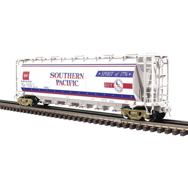 3-Bay Cylindrical Hopper - 2-Rail - Ready to Run - Master(R) -- Southern Pacific #491076 (Fantasy Bicentennial, white red, blue)-1