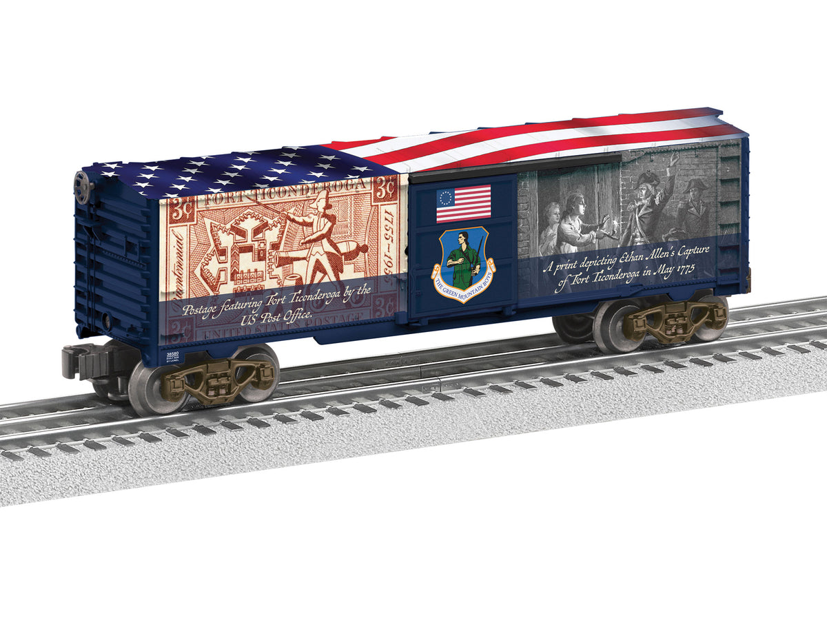 Steel Boxcar - 3-Rail - Ready to Run -- Green Mountain Boys (blue, white, red, Multi-Color Graphics)-1