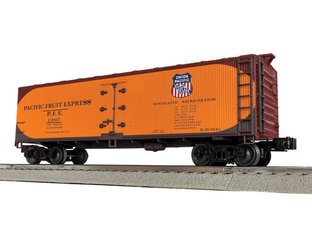 Wood Reefer - 3-Rail - Ready to Run -- Pacific Fruit Express #11007 (Early, orange, Boxcar Red, UP Overland Shield)-1