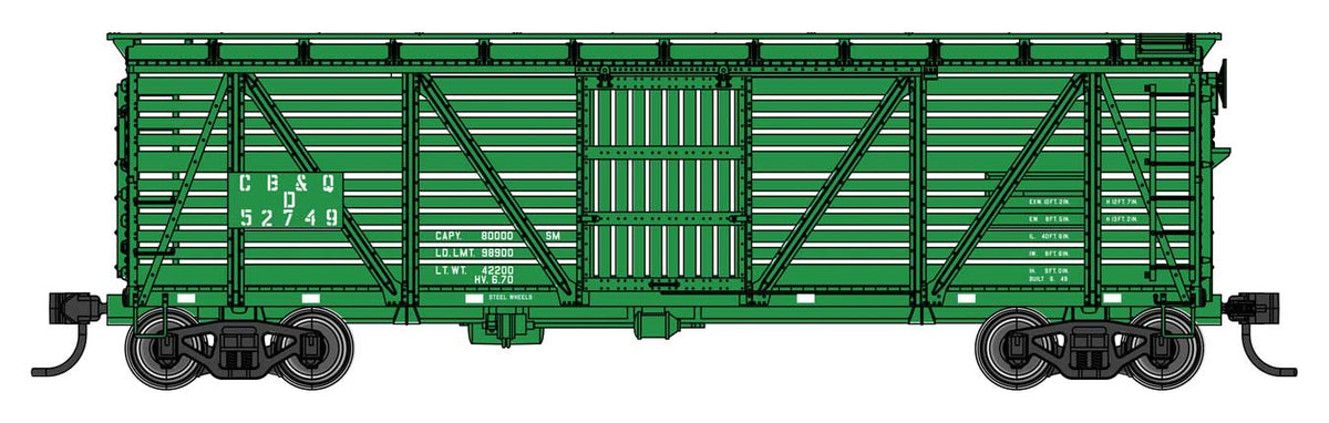 40' Wood Stock Car with Dreadnaught ends - Ready to Run -- Chicago, Burlington & Quincy #52749-D-1