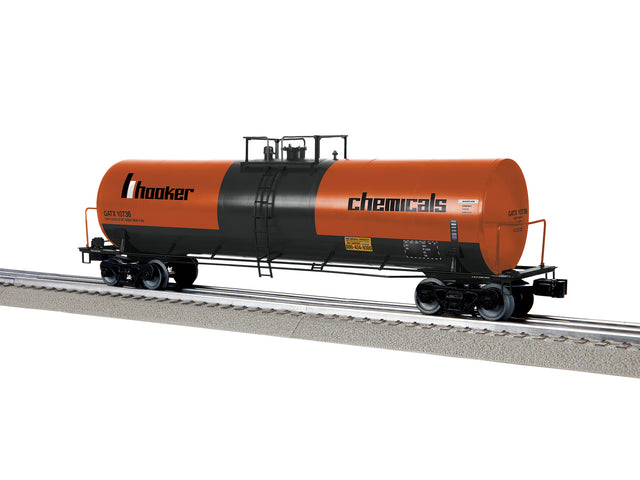 50' Tank Car - 3-Rail - Ready to Run -- Hooker Chemicals GATX #10736 (orange, black)-1