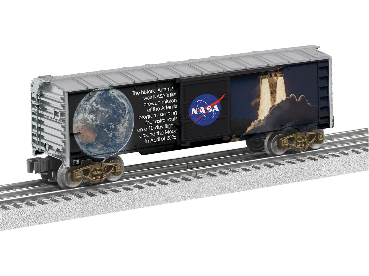 Steel Boxcar - 3-Rail - Ready to Run -- NASA Artemis II (black, gray, Multicolor Graphics)-2
