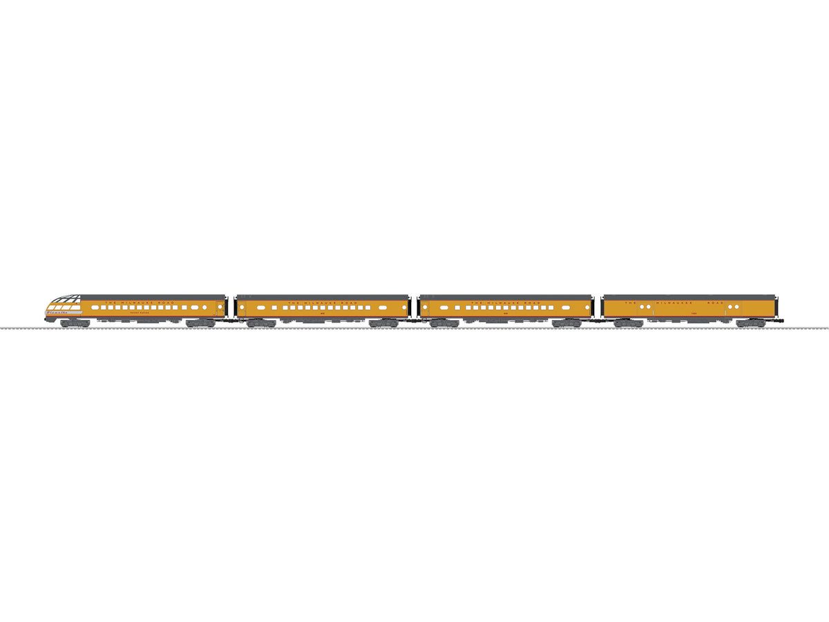 Baggage, 2 Coaches, Skytop Observation Set - 3-Rail - Ready to Run -- Milwaukee Road (1955 Hiawatha, Armour Yellow, gray, red)-1