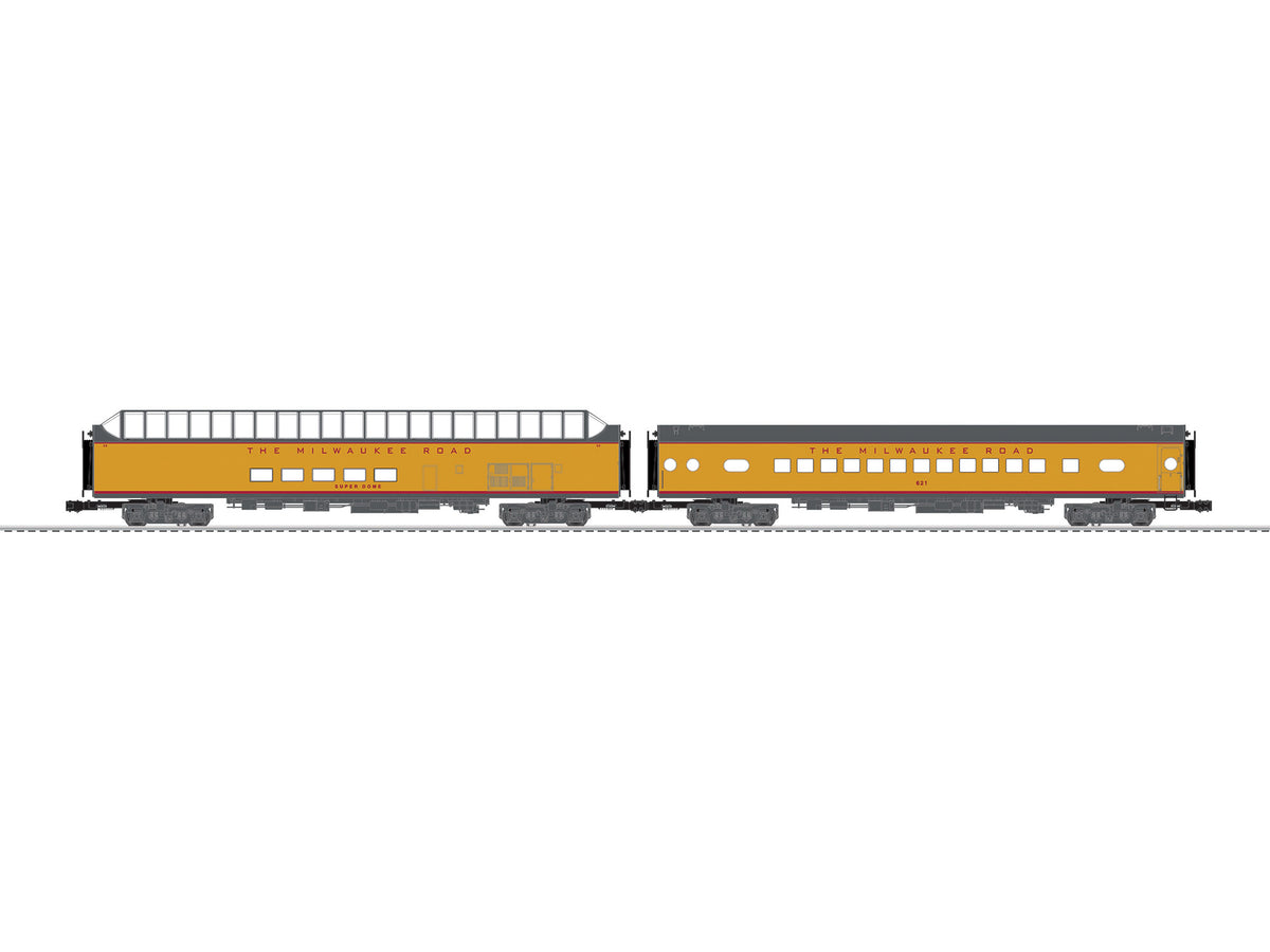 Coach, Super Dome Set - 3-Rail - Ready to Run -- Milwaukee Road #621, 59 (1955 Hiawatha, Armour Yellow, gray, red)-1