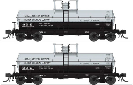 6000-Gallon Chlorine Tank Car 2-Pack - Ready to Run -- Dow Chemical GWEX #611, 612 (aluminum, black)-2