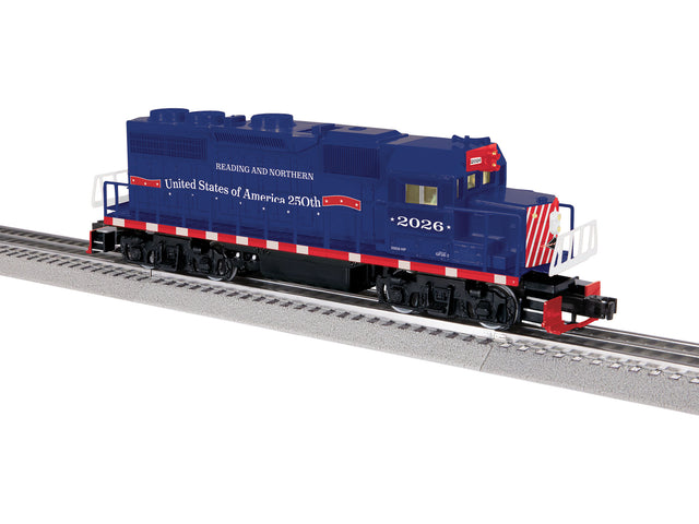 EMD GP38 - 3-Rail w/LionChief Plus 2.0 Sound, Control & Smoke -- Reading and Northern #2026 (America 250, blue, red)-1