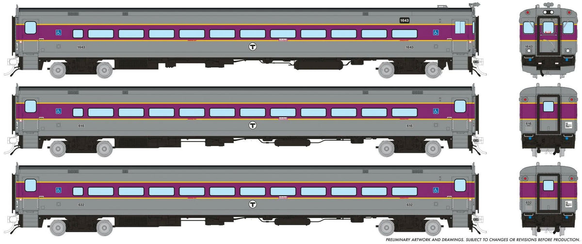 Comet Car 3-Pack - Ready to Run -- MBTA #632) (gray, purple, yellow)-1