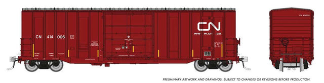 Trenton Works 5277 Cubic Foot Boxcar  6-Pack - Ready to Run -- Canadian National Set #1 (Repaint, Boxcar Red, yellow Stripes,  Website Logo-1