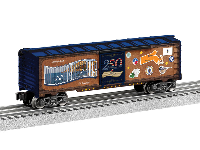 Steel Boxcar - 3-Rail - Ready to Run -- Massachusetts (50 States Series, brown, blue, Color Graphics)-1