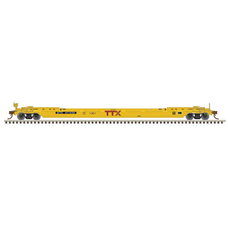 53' Rebuilt Well Car - 3-Rail - Ready to Run - Premier -- TTX (yellow, red, Next Load Any Road Logo)-1
