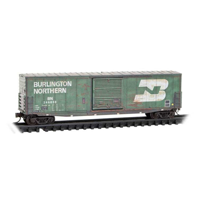 50' Boxcar with 10' Door, No Roofwalk, Short Ladders - Ready to Run -- Burlington Northern #246038 (Weathered, Cascade Green, white, Large Logo)-1